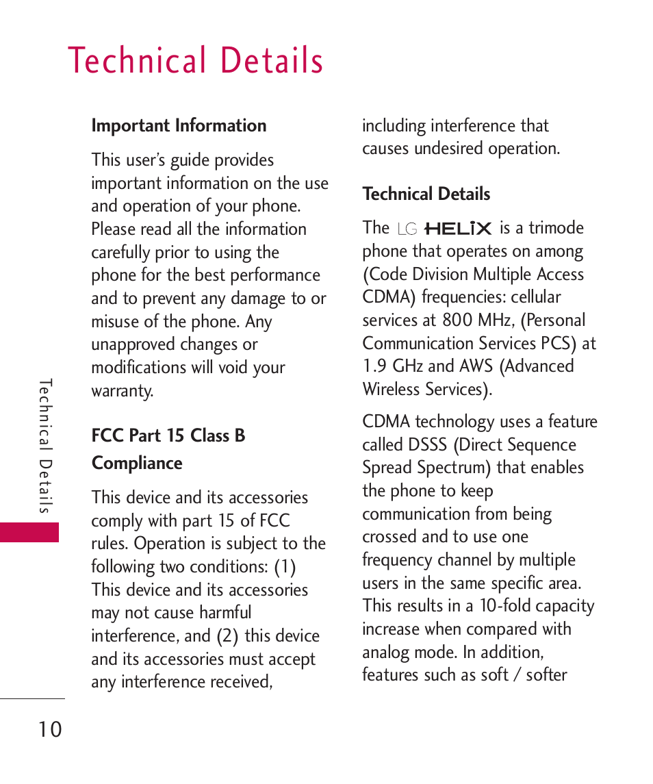 Technical details, Important information, Fcc part 15 class b compliance | Fcc part 15 class b compliance 10 | LG UX310 User Manual | Page 12 / 238