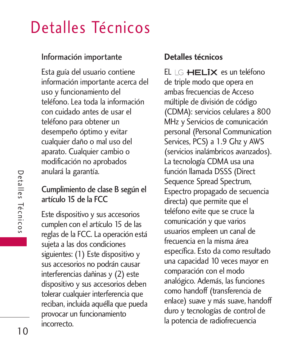 Detalles técnicos, Información importante, Cumplimiento de clase b segú | LG UX310 User Manual | Page 126 / 238