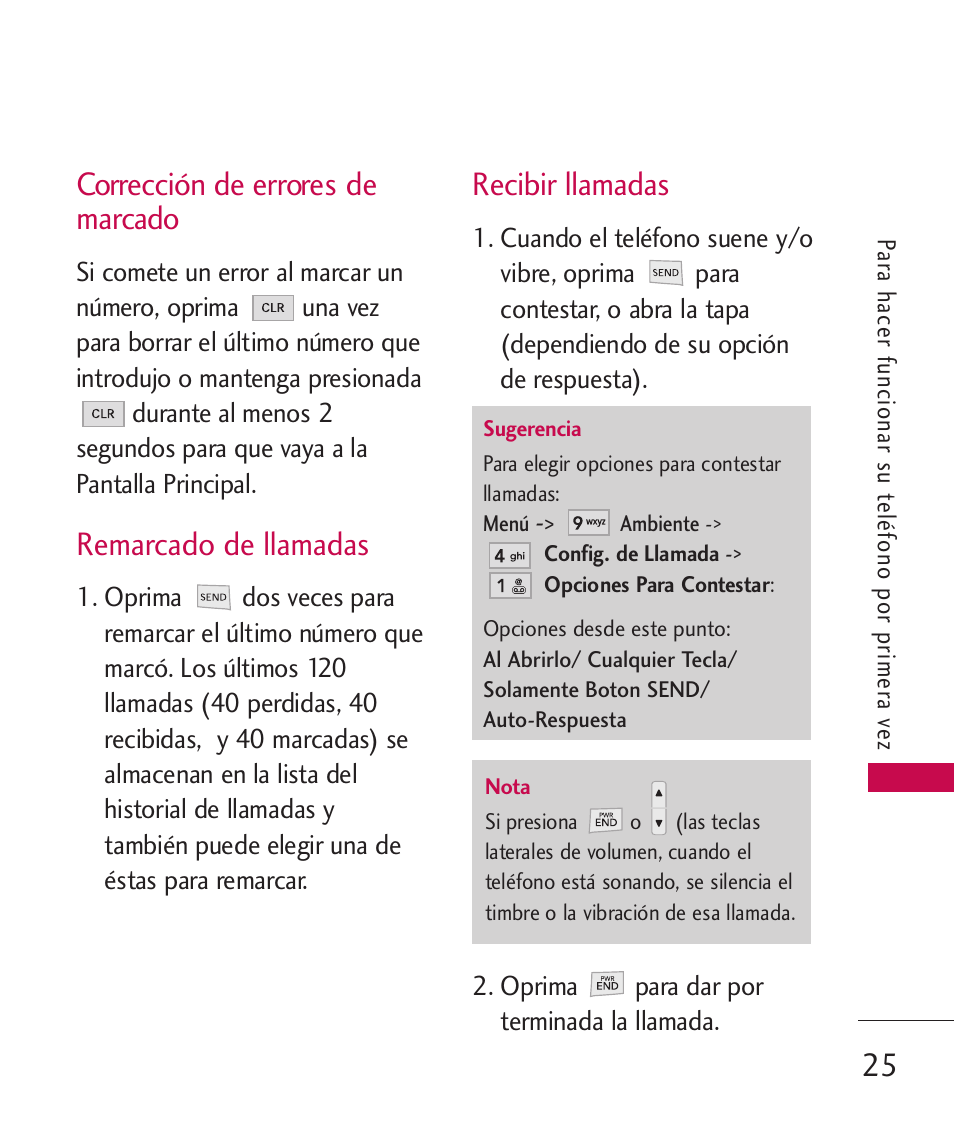 Corrección de errores de mar, Remarcado de llamadas, Recibir llamadas | Corrección de errores de marcado25, Corrección de errores de marcado | LG UX310 User Manual | Page 141 / 238