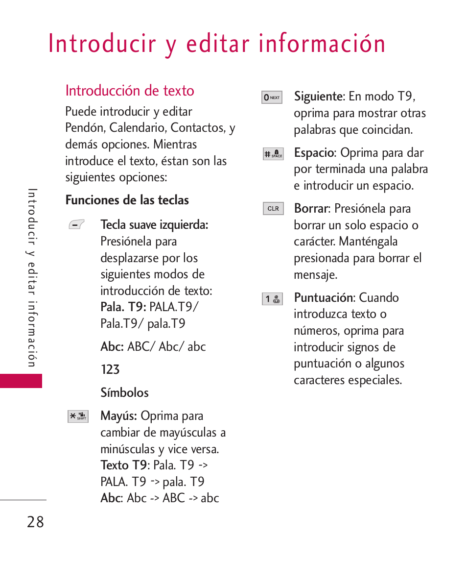 Introducir y editar información, Introducción de texto, Funciones de las teclas | LG UX310 User Manual | Page 144 / 238