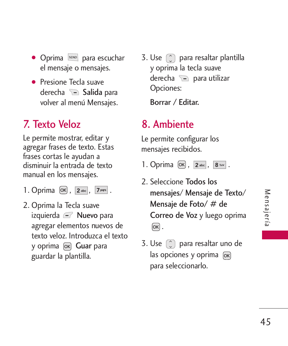 Texto veloz, Ambiente | LG UX310 User Manual | Page 161 / 238