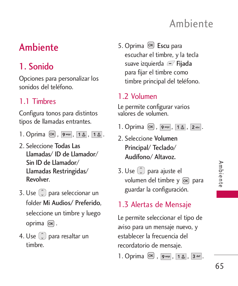 Ambiente, Sonido, 1 timbres | 2 volumen, 3 alertas de mensaje | LG UX310 User Manual | Page 181 / 238