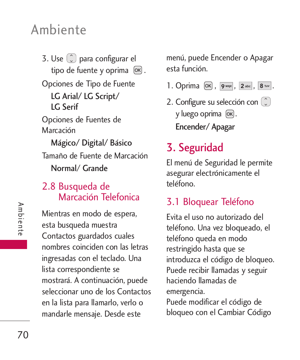 8 busqueda de marcación, Seguridad, 1 bloquear teléfono | 8 busqueda de marcación, Telefonica, Ambiente | LG UX310 User Manual | Page 186 / 238