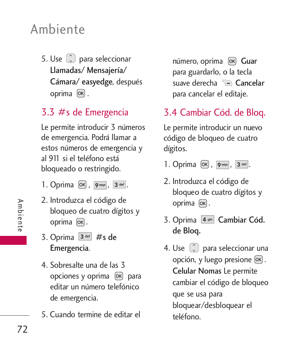 3 #s de emergencia, 4 cambiar cód. de bloq, Ambiente | LG UX310 User Manual | Page 188 / 238