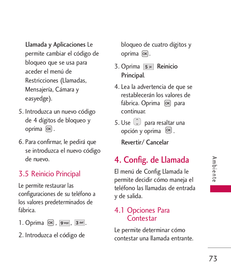 5 reinicio principal, Config. de llamada, 1 opciones para contestar | LG UX310 User Manual | Page 189 / 238