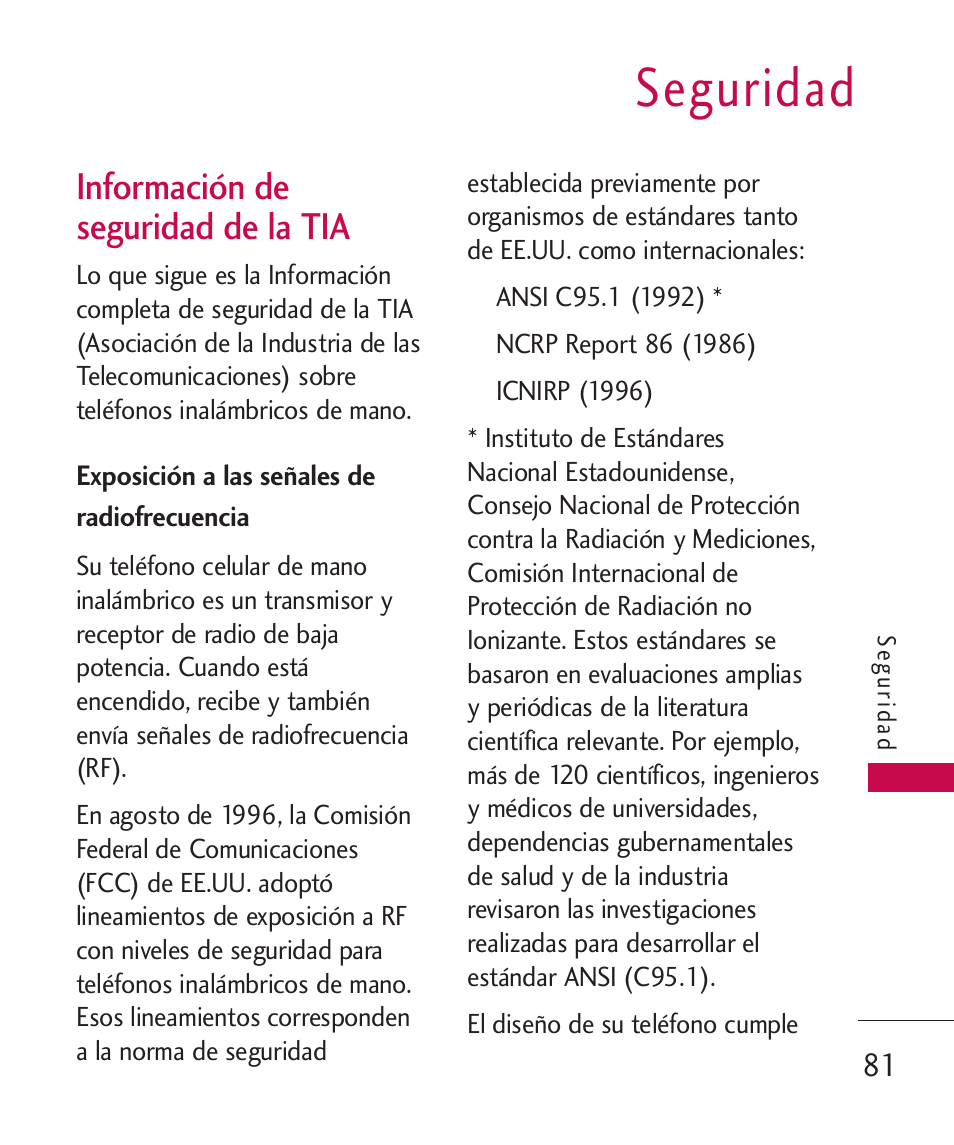 Seguridad, Información de seguridad de, Exposición a las señales de | Información de seguridad de la tia, Exposición a las señales de radiofrecuencia | LG UX310 User Manual | Page 197 / 238