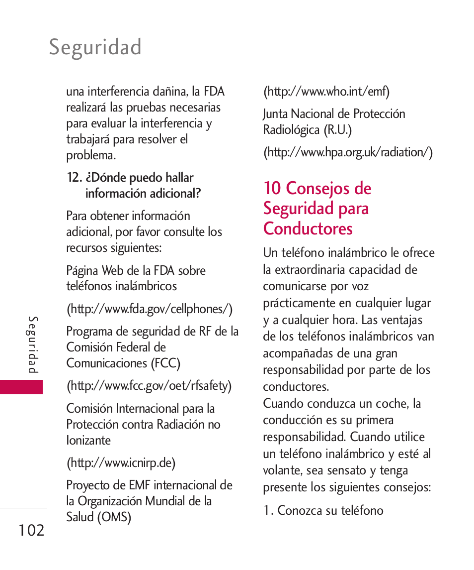 10 consejos de seguridad pa, 10 consejos de seguridad para conductores, Seguridad | LG UX310 User Manual | Page 218 / 238