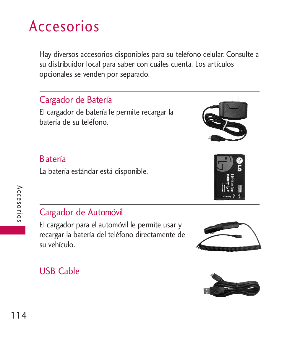 Accesorios | LG UX310 User Manual | Page 230 / 238