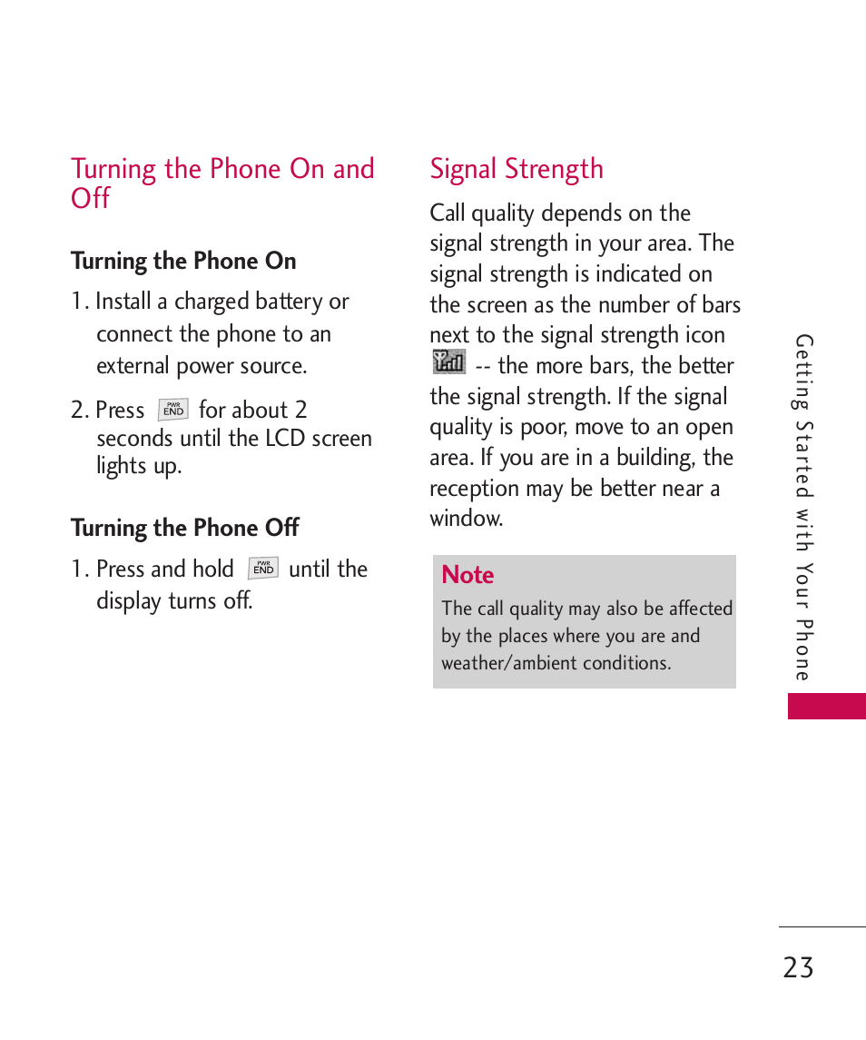 Turning the phone on and off, Turning the phone on, Turning the phone off | Signal strength, Turning the phone on and off 23 | LG UX310 User Manual | Page 25 / 238