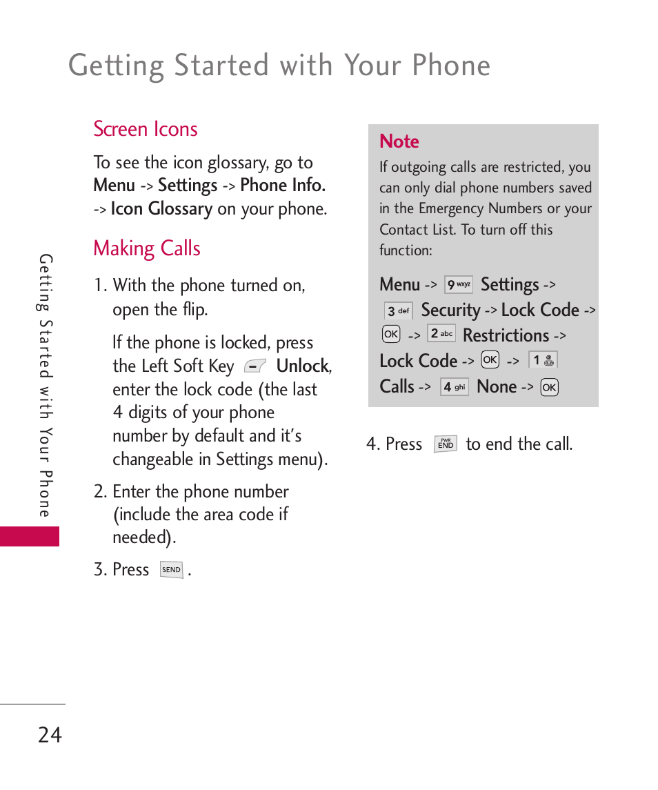 Screen icons, Making calls, Getting started with your phone | LG UX310 User Manual | Page 26 / 238