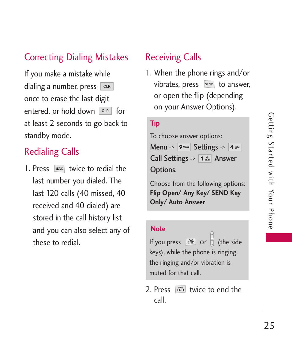 Correcting dialing mistakes, Receiving calls, Redialing calls | LG UX310 User Manual | Page 27 / 238