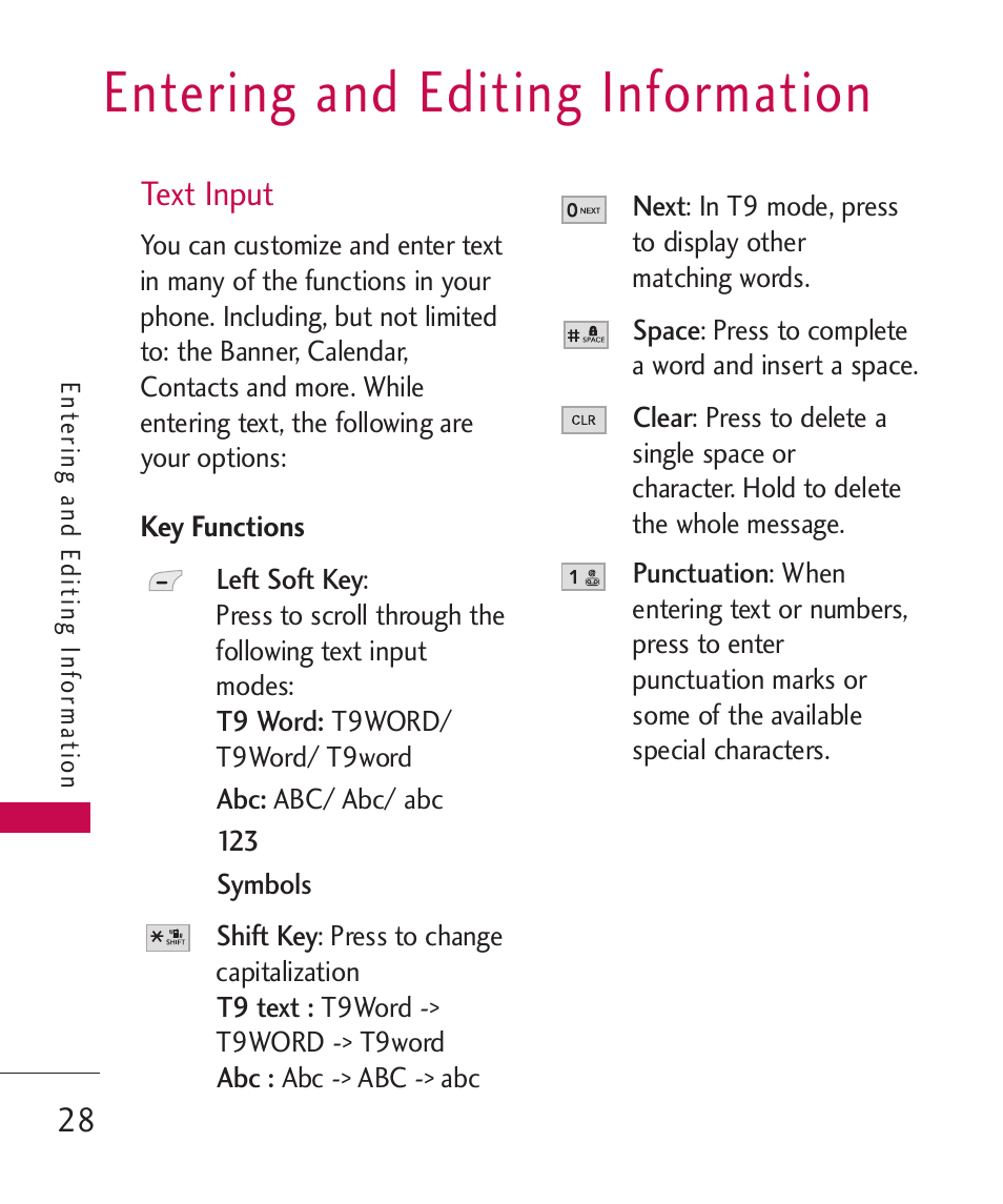 Entering and editing informa, Text input, Key functions | Entering and editing information | LG UX310 User Manual | Page 30 / 238