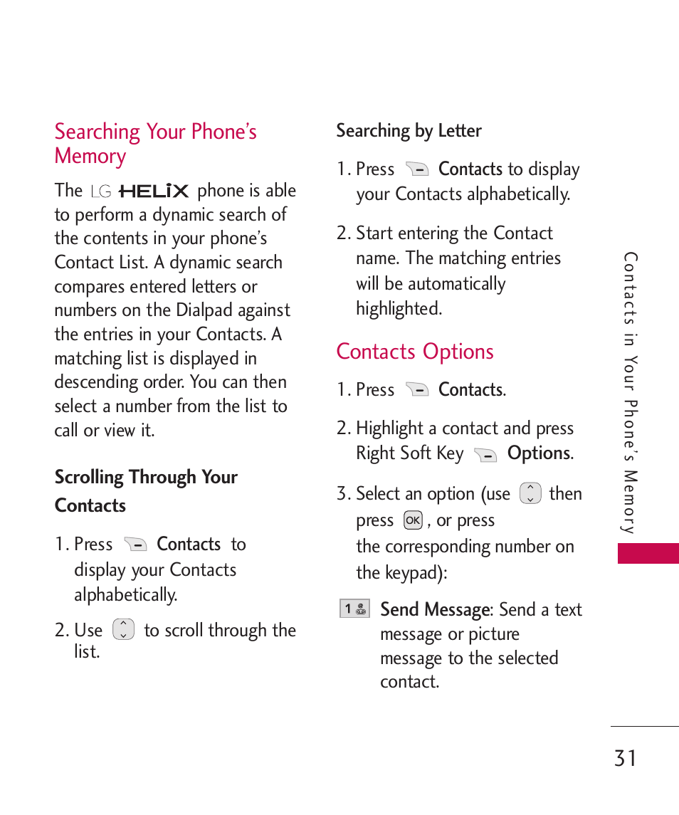 Searching your phone’s memory, Scrolling through your contacts, Contacts options | Searching your phone’s memory 31, Scrolling through your contacts 31 | LG UX310 User Manual | Page 33 / 238