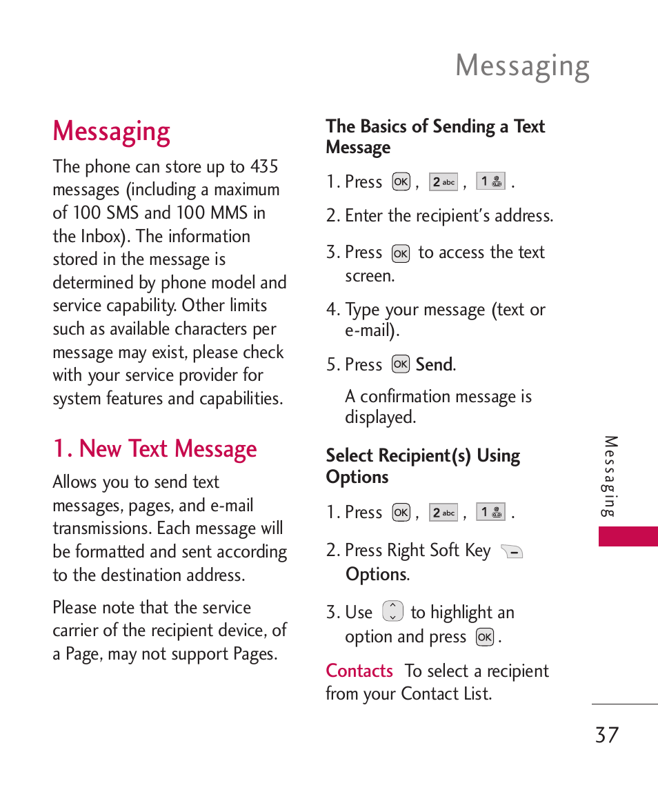 Messaging, New text message | LG UX310 User Manual | Page 39 / 238