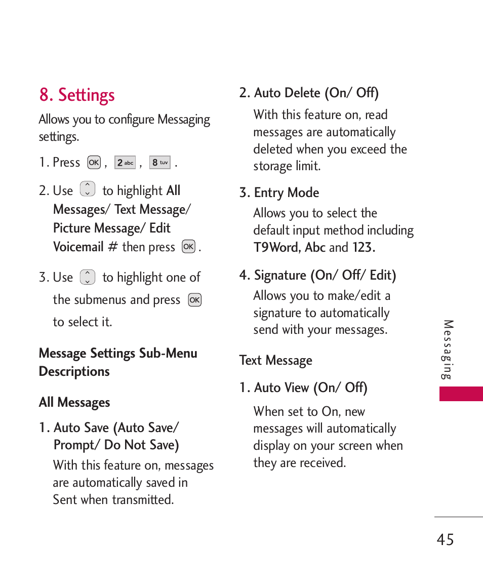 Settings | LG UX310 User Manual | Page 47 / 238