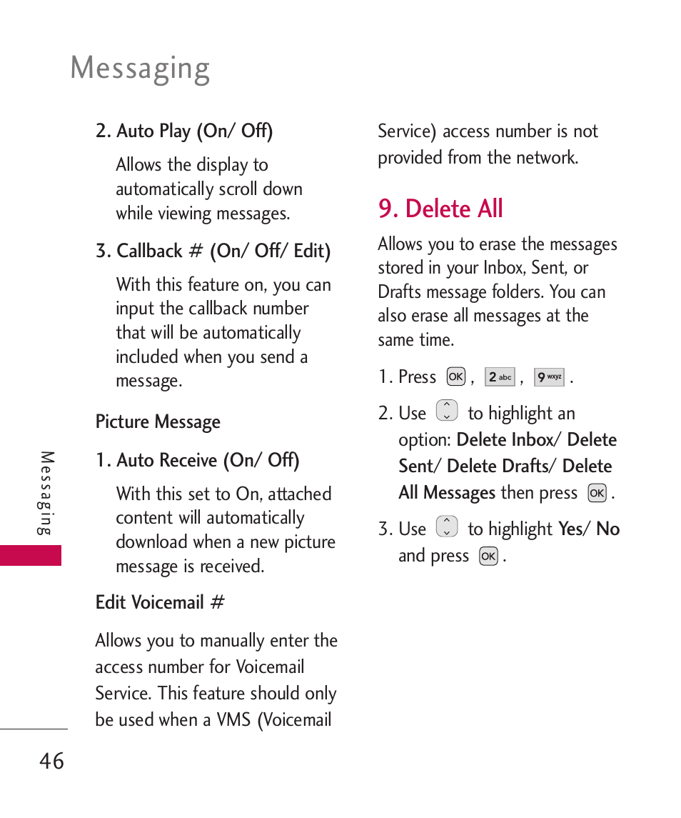 Delete all, Messaging | LG UX310 User Manual | Page 48 / 238