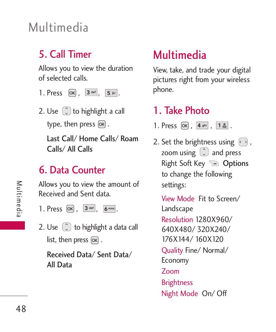 Call timer, Data counter, Take photo | Multimedia | LG UX310 User Manual | Page 50 / 238