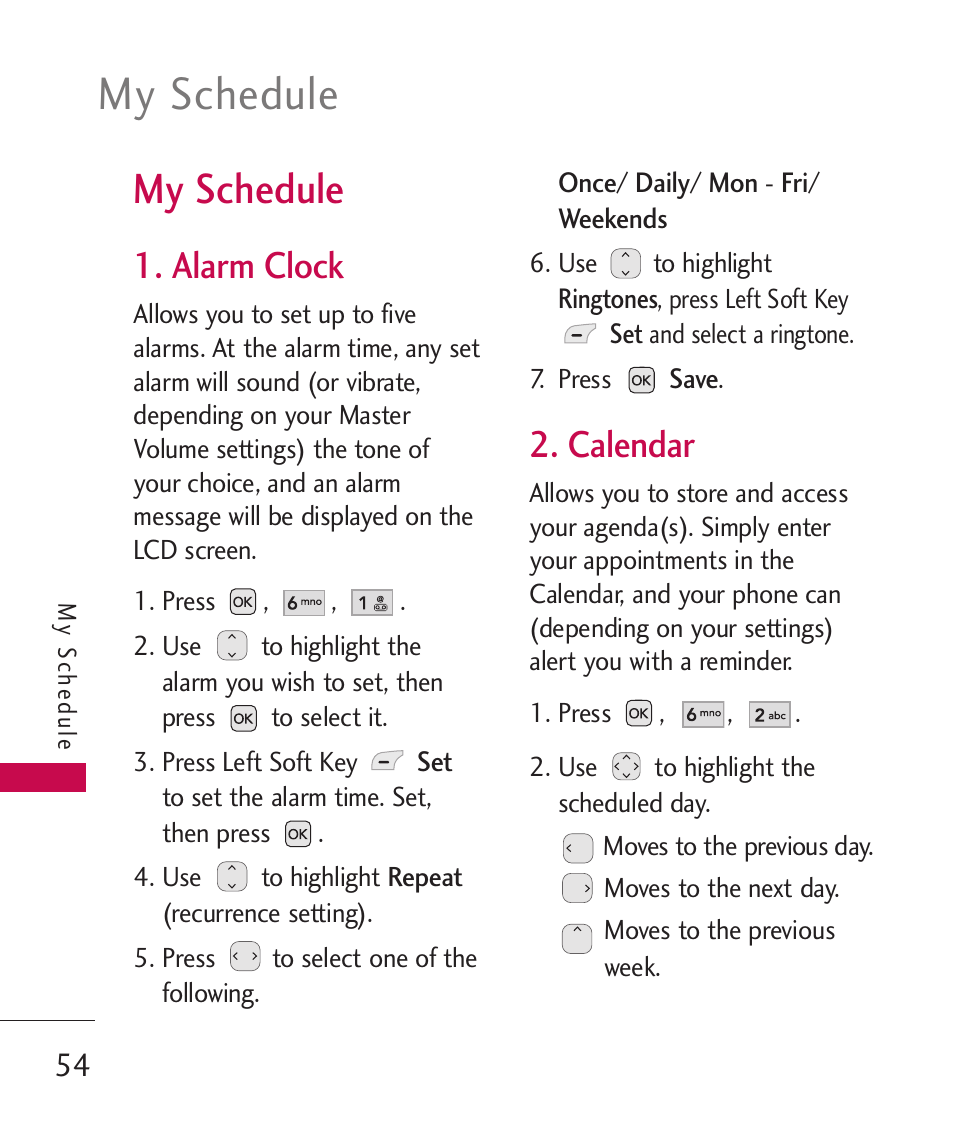 My schedule, Alarm clock, Calendar | LG UX310 User Manual | Page 56 / 238