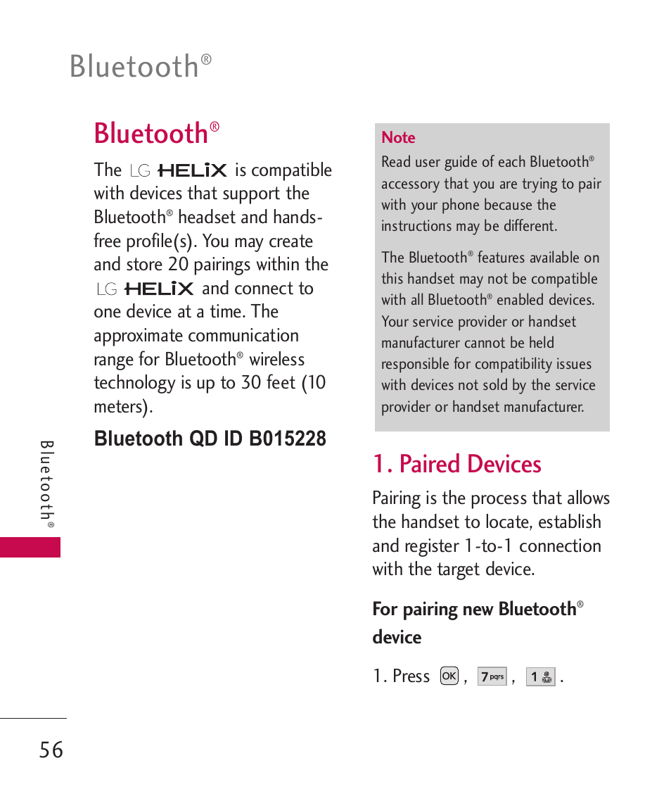 Bluetooth, Paired devices | LG UX310 User Manual | Page 58 / 238