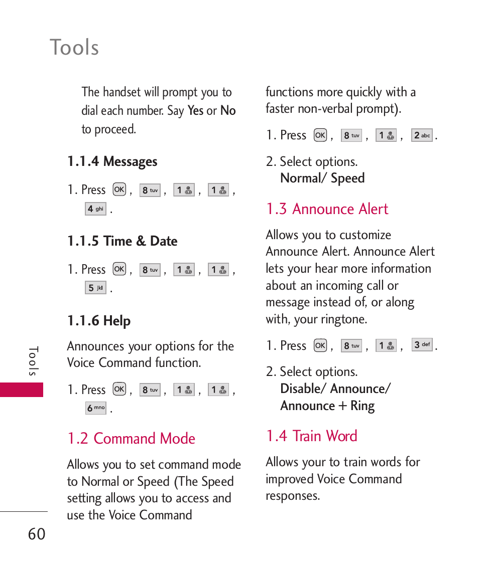 4 messages, 5 time & date, 6 help | 2 command mode, 3 announce alert, 4 train word, Tools | LG UX310 User Manual | Page 62 / 238