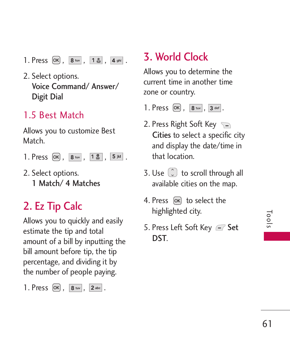 5 best match, Ez tip calc, World clock | LG UX310 User Manual | Page 63 / 238