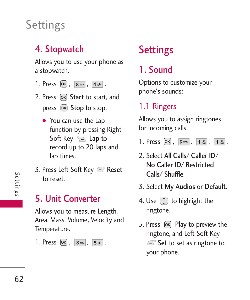 Stopwatch, Unit converter, Settings | Sound, 1 ringers | LG UX310 User Manual | Page 64 / 238