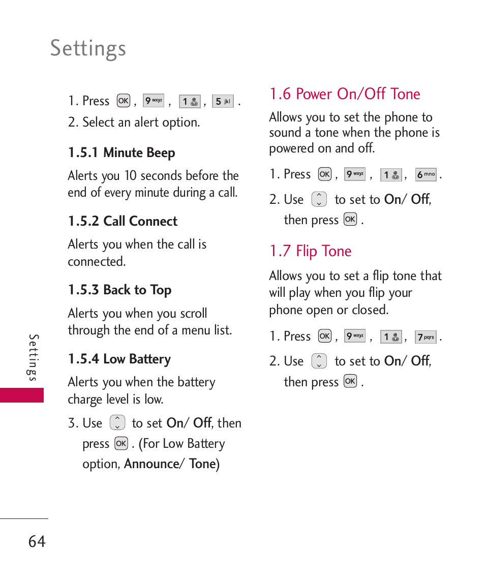 6 power on/off tone, 7 flip tone, Settings | LG UX310 User Manual | Page 66 / 238