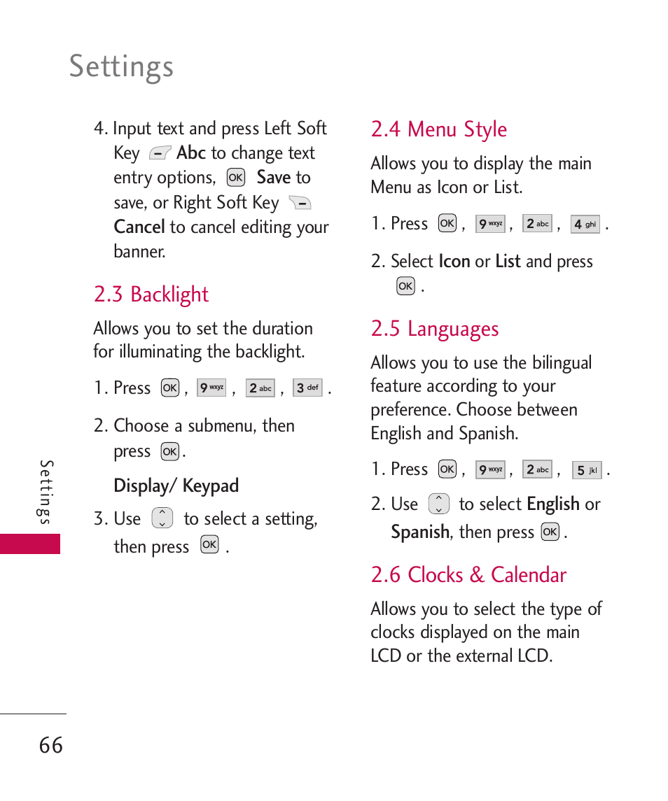 3 backlight, 4 menu style, 5 languages | 6 clocks & calendar, Settings | LG UX310 User Manual | Page 68 / 238