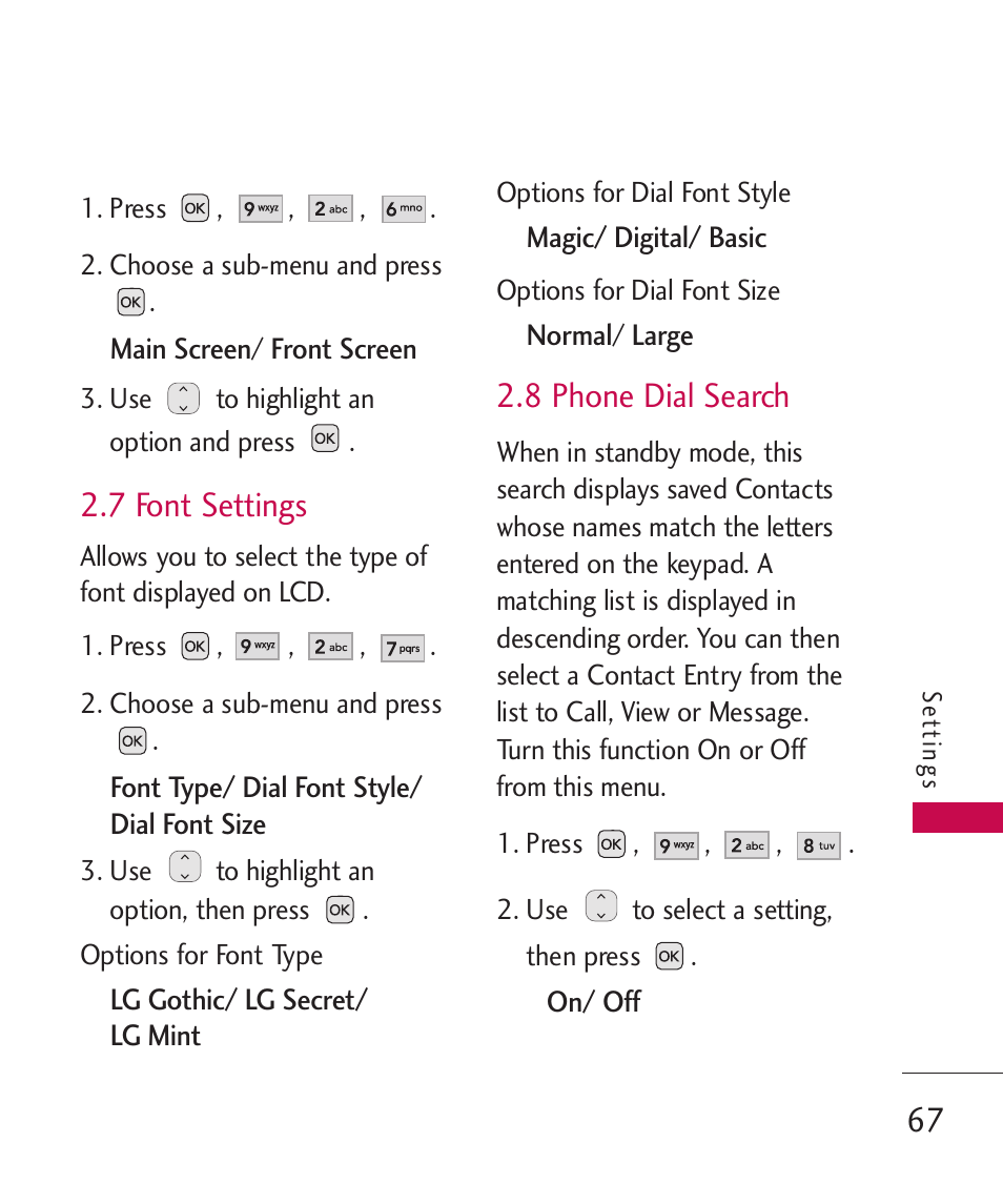 7 font settings, 8 phone dial search | LG UX310 User Manual | Page 69 / 238