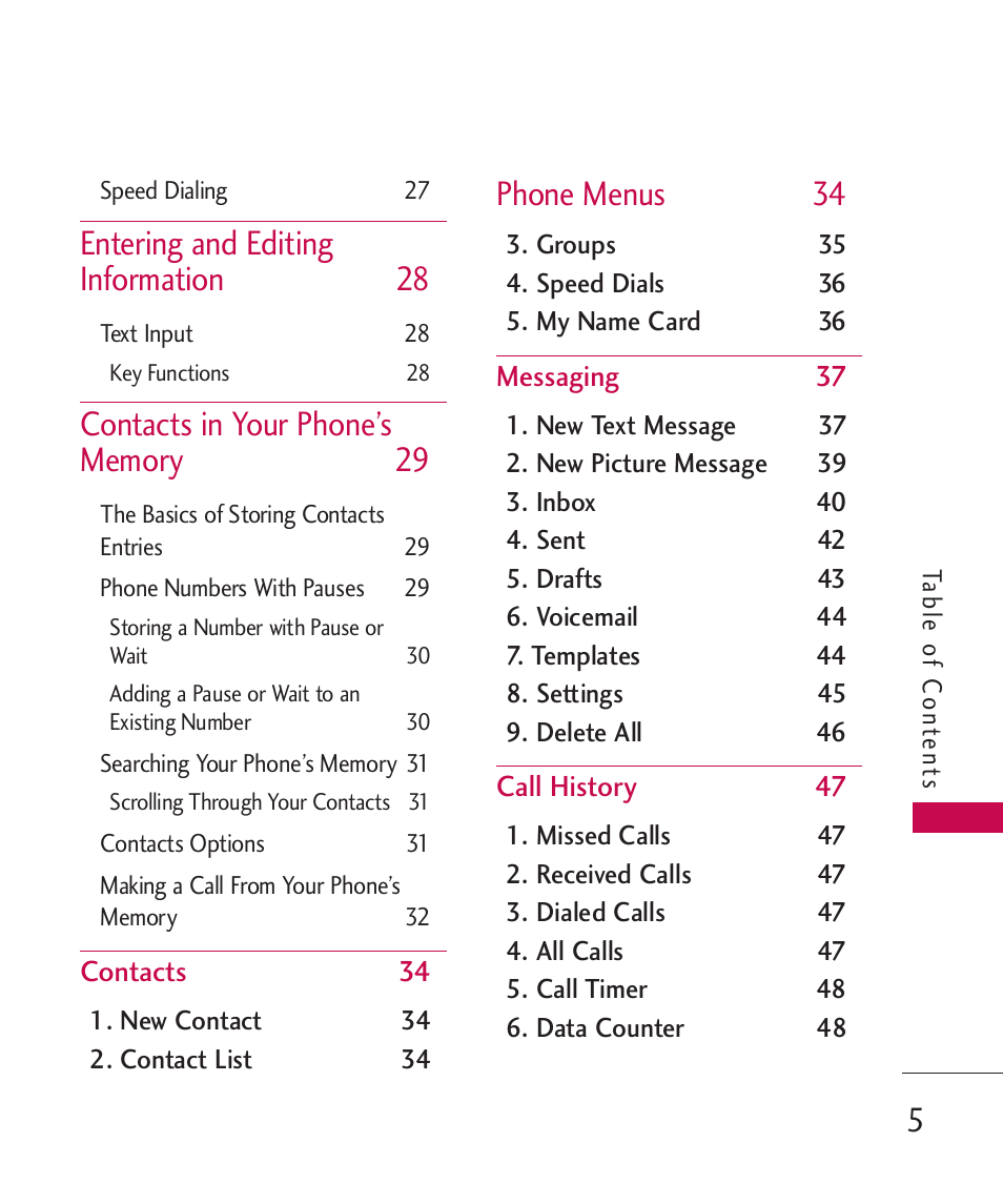 Entering and editing information 28, Phone menus 34 | LG UX310 User Manual | Page 7 / 238