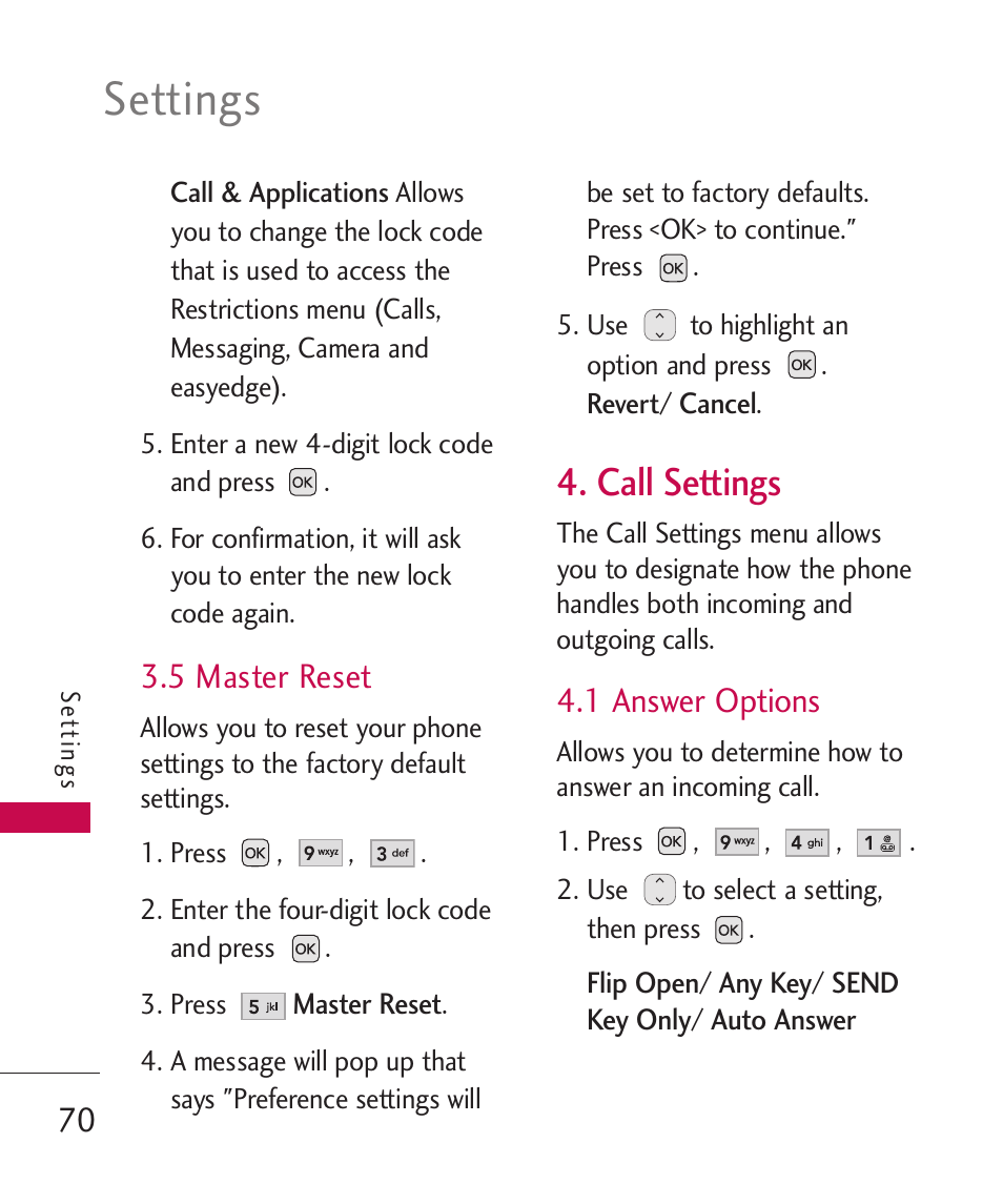 5 master reset, Call settings, 1 answer options | Settings | LG UX310 User Manual | Page 72 / 238