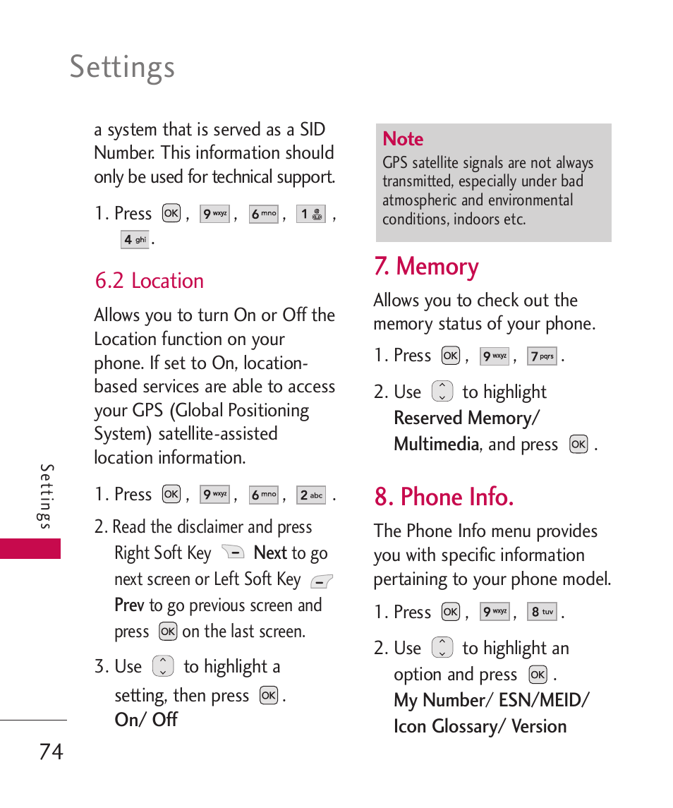 2 location, Memory, Phone info | Settings | LG UX310 User Manual | Page 76 / 238