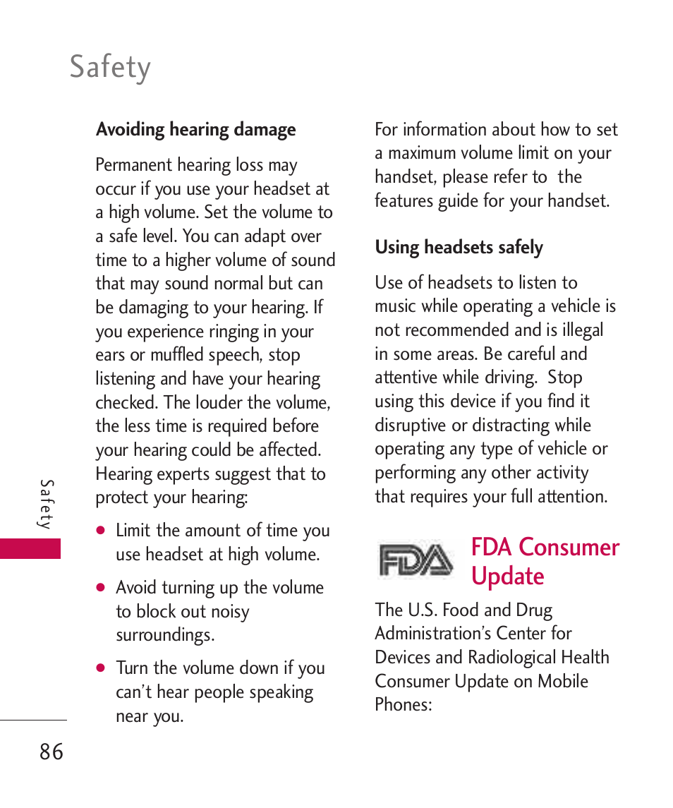 Avoiding hearing damage, Using headsets safely, Fda consumer update | Safety | LG UX310 User Manual | Page 88 / 238