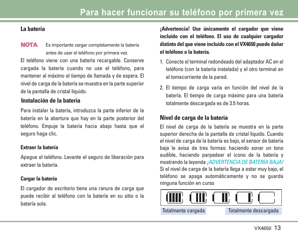 Para hacer funcionar su teléfono por primera vez | LG VX4650 User Manual | Page 101 / 180