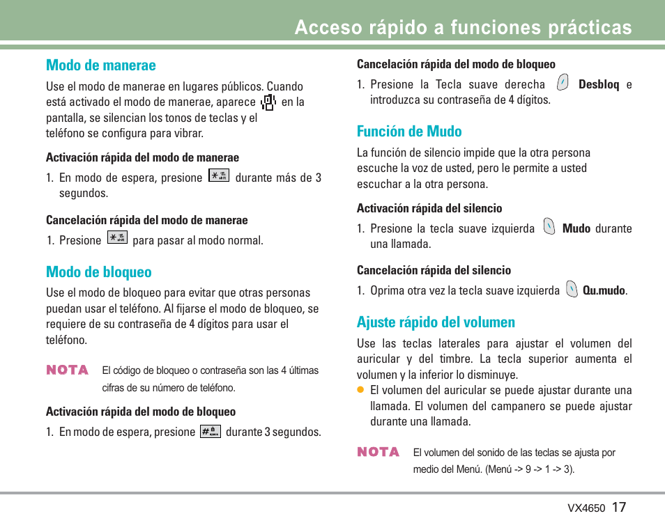 Acceso rápido a funciones prácticas, Modo de manerae, Modo de bloqueo | Función de mudo, Ajuste rápido del volumen | LG VX4650 User Manual | Page 105 / 180