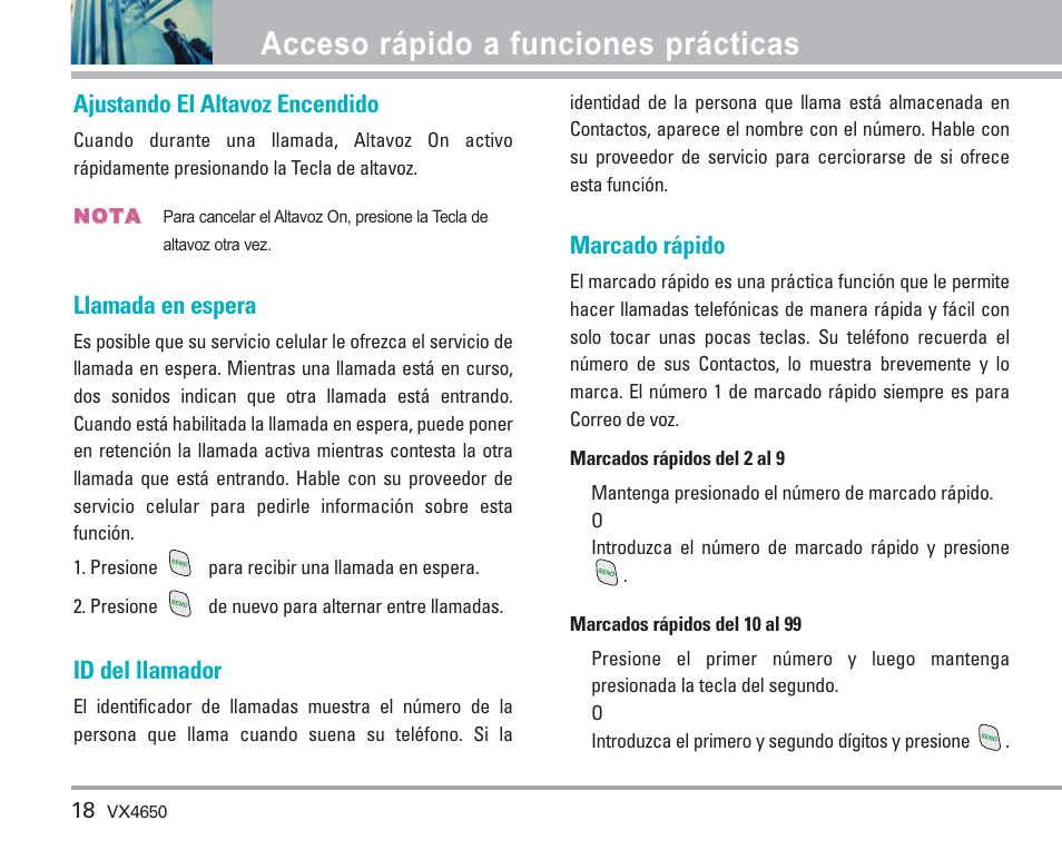 Acceso rápido a funciones prácticas, Ajustando el altavoz encendido, Llamada en espera | Id del llamador, Marcado rápido | LG VX4650 User Manual | Page 106 / 180