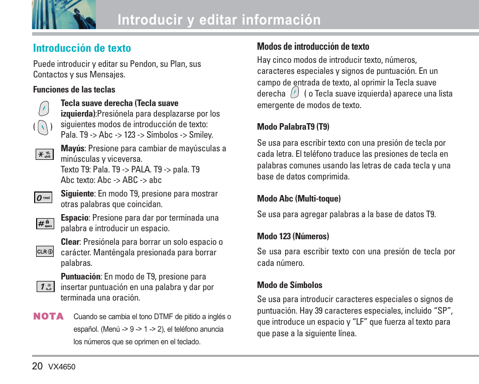 Introducir y editar información, Introducción de texto | LG VX4650 User Manual | Page 108 / 180