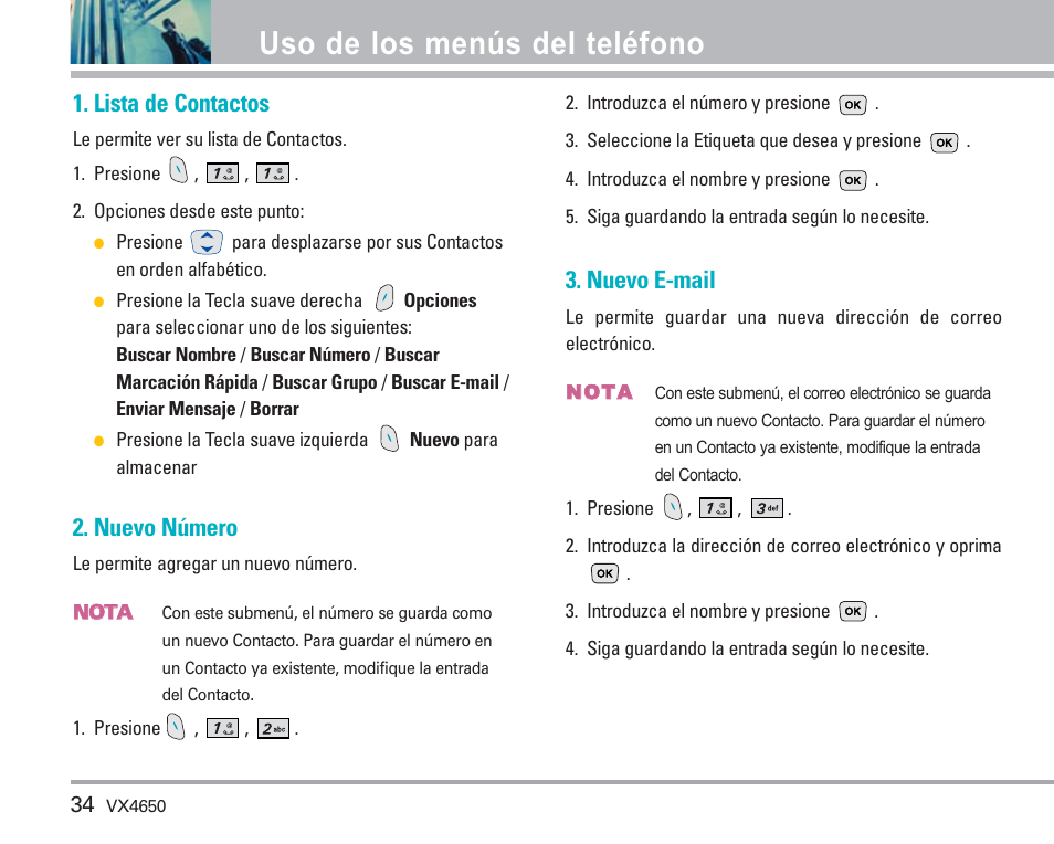 Uso de los menús del teléfono, Lista de contactos, Nuevo número | Nuevo e-mail | LG VX4650 User Manual | Page 122 / 180