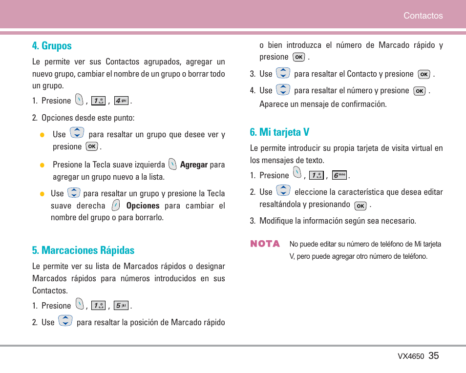 Grupos, Marcaciones rápidas, Mi tarjeta v | LG VX4650 User Manual | Page 123 / 180