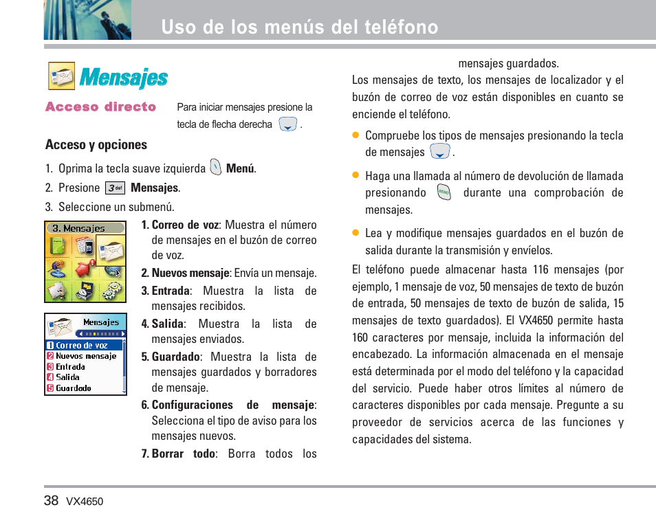 Mme en nssa ajje ess, Uso de los menús del teléfono | LG VX4650 User Manual | Page 126 / 180