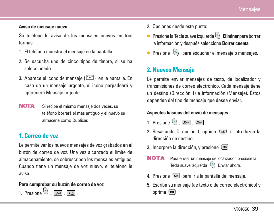 Correo de voz, Nuevos mensaje | LG VX4650 User Manual | Page 127 / 180