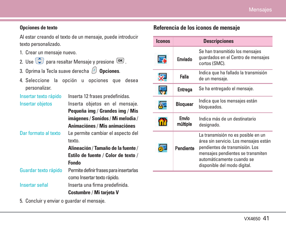 Referencia de los iconos de mensaje | LG VX4650 User Manual | Page 129 / 180