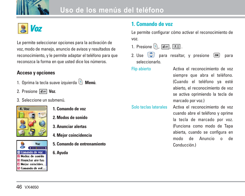 Vvo ozz, Uso de los menús del teléfono | LG VX4650 User Manual | Page 134 / 180