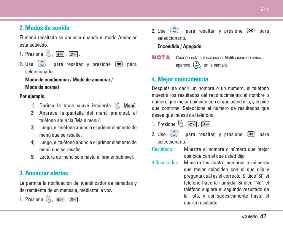 Modos de sonido, Anunciar alertas, Mejor coincidencia | LG VX4650 User Manual | Page 135 / 180