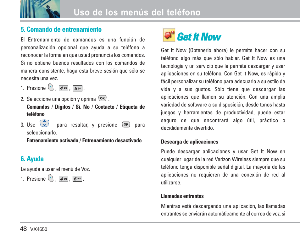 Gge ett iitt n no ow w, Uso de los menús del teléfono | LG VX4650 User Manual | Page 136 / 180