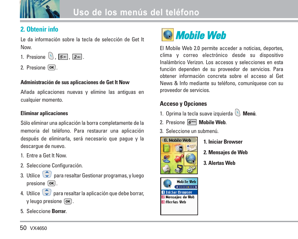 Mmo ob biille e w we eb b, Uso de los menús del teléfono | LG VX4650 User Manual | Page 138 / 180