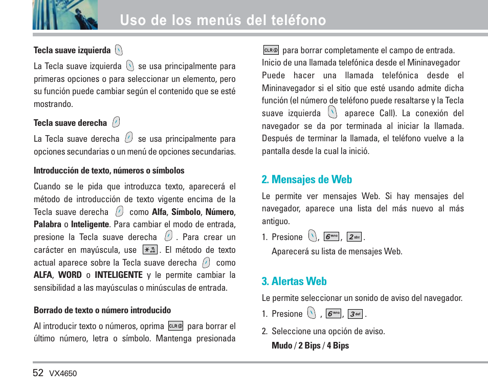 Uso de los menús del teléfono, Mensajes de web, Alertas web | LG VX4650 User Manual | Page 140 / 180