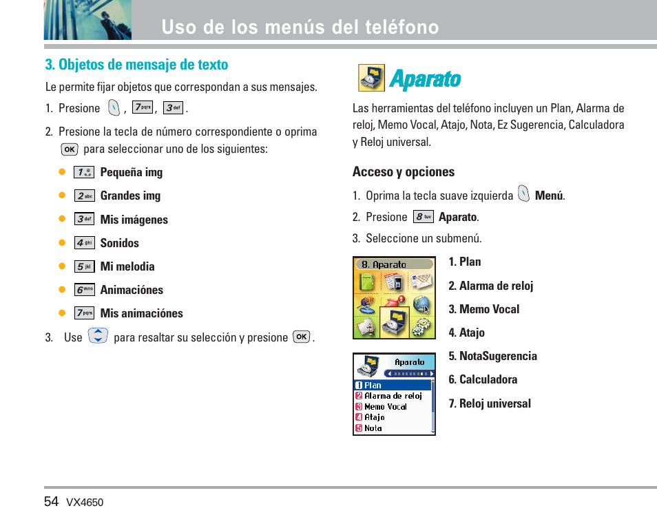 Aap pa arra atto o, Uso de los menús del teléfono | LG VX4650 User Manual | Page 142 / 180