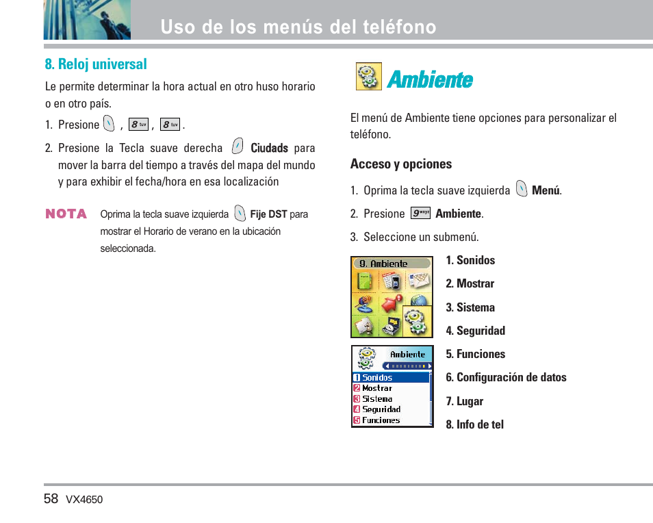 Aam mb biie en ntte e, Uso de los menús del teléfono | LG VX4650 User Manual | Page 146 / 180