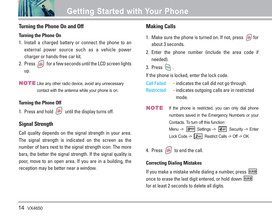 Getting started with your phone | LG VX4650 User Manual | Page 15 / 180